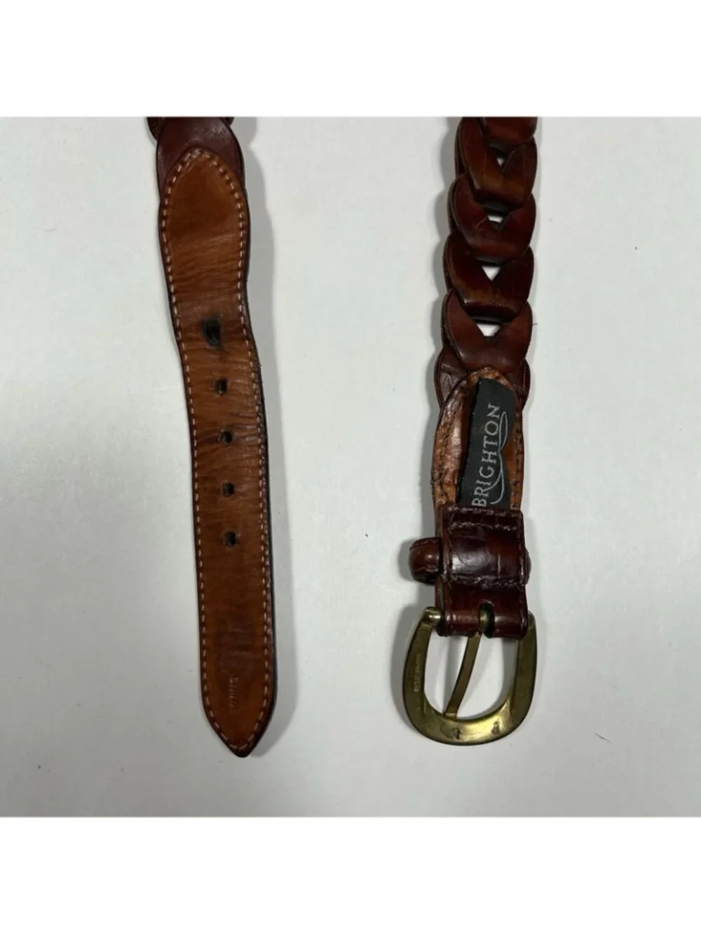 Vintage 1990’s Brighton Brown Braided Leather Belt 9120 Brass Buckle Women Sz 36